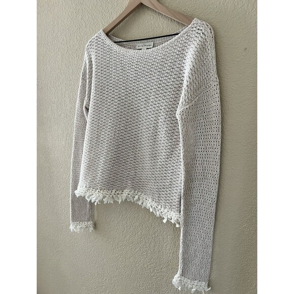 WHITE + WARREN Subtle Stripe Knot Fringe Knit Sweater Minimalist Size M - Picture 4 of 7